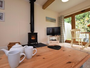 Une pièce chaleureuse avec un poêle à bois, une télévision, une table avec des tasses et une vue sur la verdure environnante.