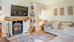 Ein gemütliches Wohnzimmer mit Kamin, einer Couch, einem Fernseher und einem Bücherregal.