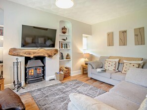 Ein gemütliches Wohnzimmer mit Kamin, einer Couch, einem Fernseher und einem Bücherregal.