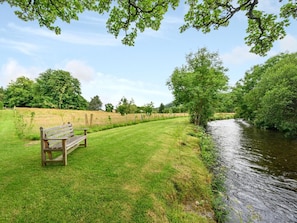 A grassy area with a wooden bench and a river.
