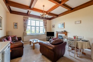 Una sala de estar con chimenea, sofás de cuero, una mesa de comedor y un televisor.