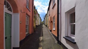 A narrow street lined with traditional buildings, featuring a green door on the left and a white door on the right.