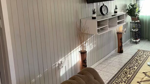 A living room with a TV mounted on the wall, a sofa with cushions, a patterned rug, and a potted plant. - Entire rental, Adama Suites St John’s Antigua (Potters Village)