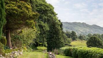 A lush green landscape with a stone wall, a variety of trees, and rolling hills in the background.