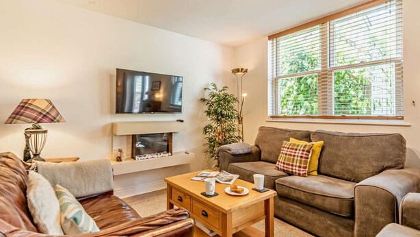 Ein Wohnzimmer mit einer Couch, einem Couchtisch, einem Fernseher, einem Kamin und einem Fenster mit Jalousien.