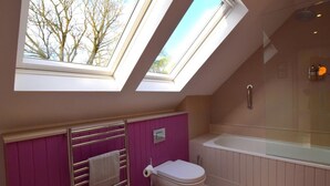 Ein Badezimmer mit Dachfenstern, einer Toilette, einer Badewanne und einer Dusche.