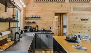 A compact kitchen with a stove, sink, and shelves.