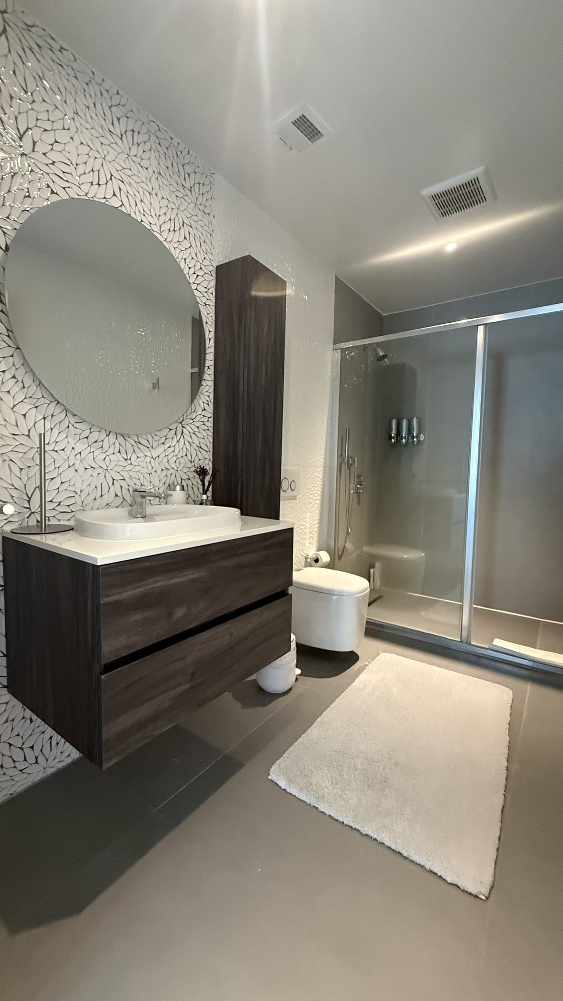 Shower, jetted bath, hair dryer, bidet