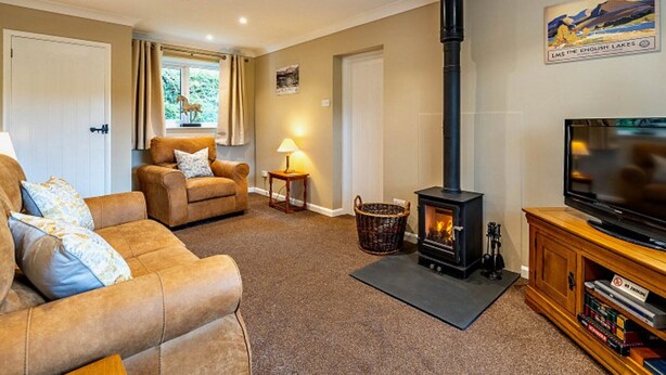 A living room with a sofa, a television, a fireplace, and a painting on the wall. - 1 Bed in Outgate and Tarn Hows (78403) (Outgate)