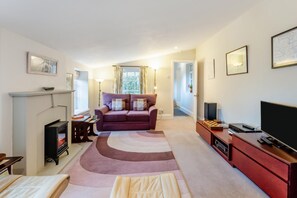 Ein modernes Wohnzimmer mit Sofa, Fernseher, Kamin und Blick ins Freie.