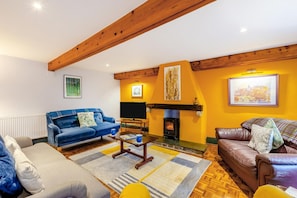 Een woonkamer met een open haard, banken, een televisie en kunstwerken aan de muren.