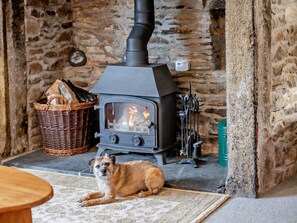 Eine Steinsäule, ein Holzofen, ein Korbwäsches und ein Hund.