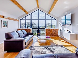 Ein modernes Wohnzimmer mit einem großen Dachfenster, einem Kamin und einem Flachbildfernseher.