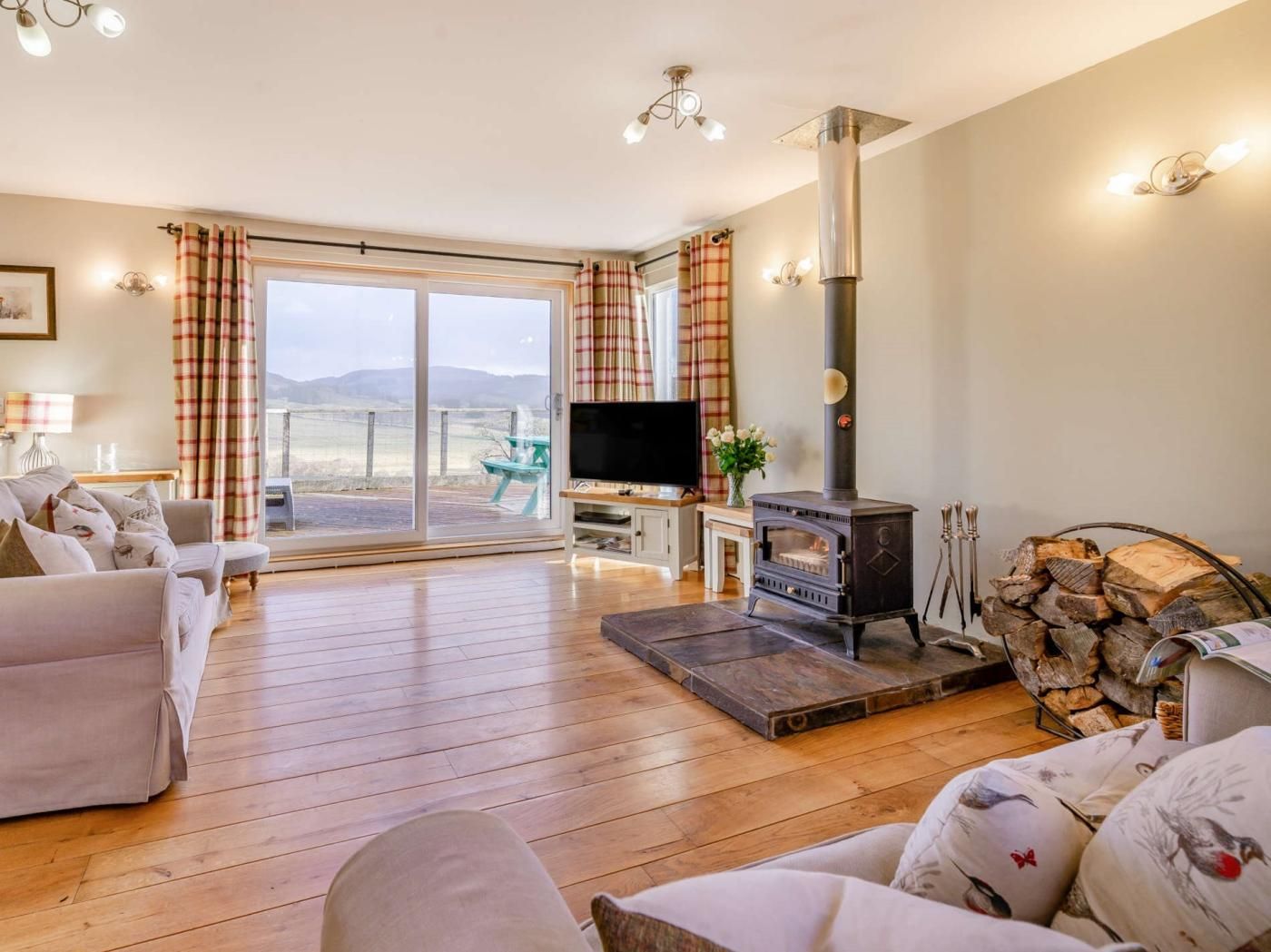 Una sala de estar con chimenea, televisor y sofá.