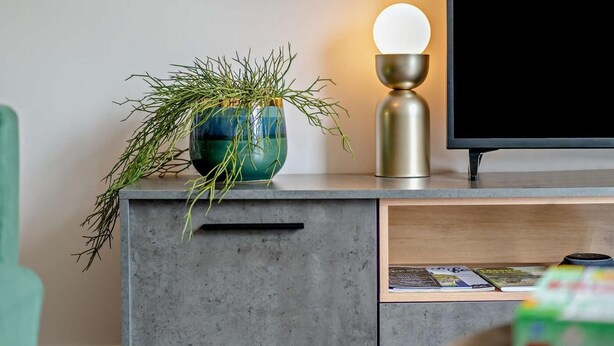Ein modernes Wohnzimmer mit einem grauen Schrank, einem grünen Blumenvasen und einer Pflanzen, einer kugelförmigen Lampe sowie einem Fernseher.