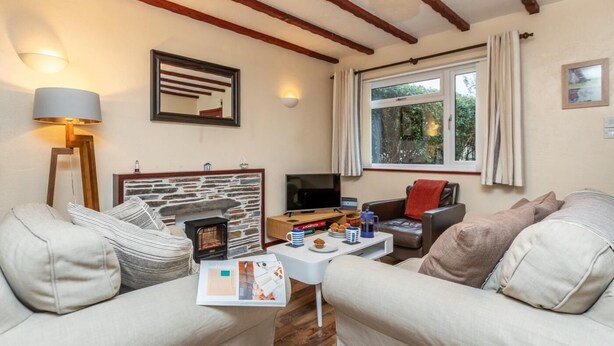 Een knus woongedeelte met een open haard, een televisie en een comfortabele zithoek.