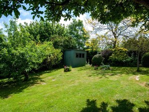 Ein grüner Schuppen in einem üppigen Garten mit dichtem Laub und blauem Himmel.