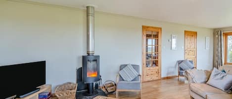 Ett vardagsrum med en vedeldad kamin, en tv, en soffa och ett soffbord.