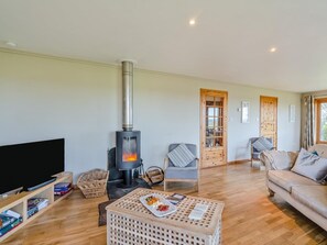 Uma sala de estar com lareira a lenha, televisão, sofá e mesa de centro.