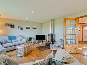 Ein gemütliches Wohnzimmer mit einer Couch, einem Fernseher, einem Kamin und einer Holztür.