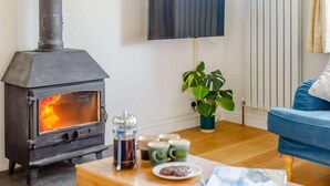 Un salon avec un poêle à bois, un canapé, une table basse agrémentée d’une plante et un téléviseur fixé au mur.