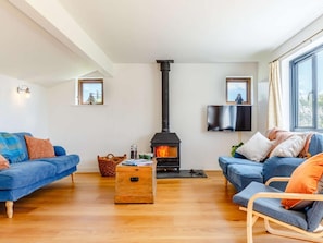 Ein gemütliches Wohnzimmer mit Kamin, zwei Sofas, einer Holzbank und einem Fernseher.
