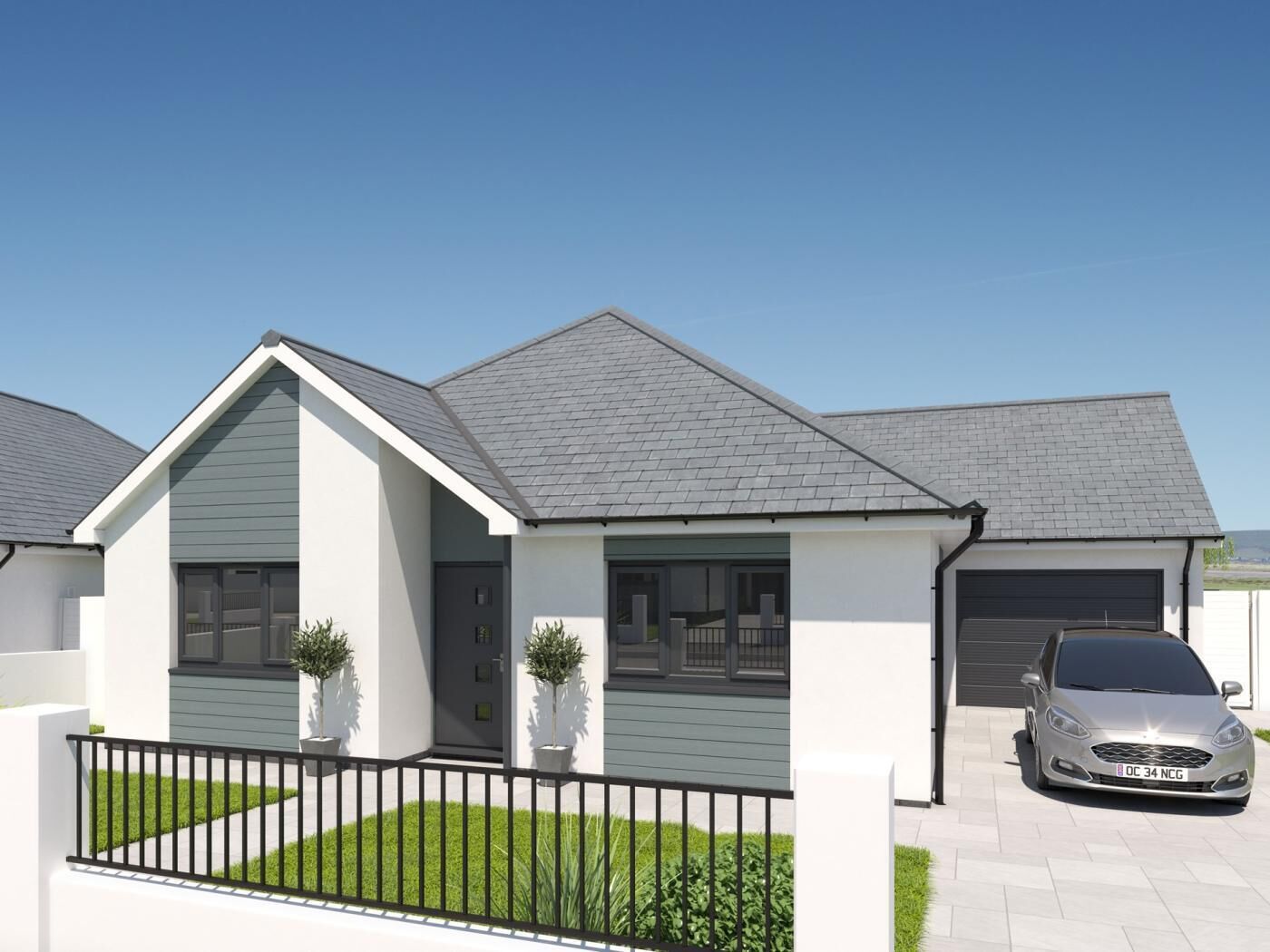 A modern two-story house with a grey roof, white walls, and a black car parked in the driveway.