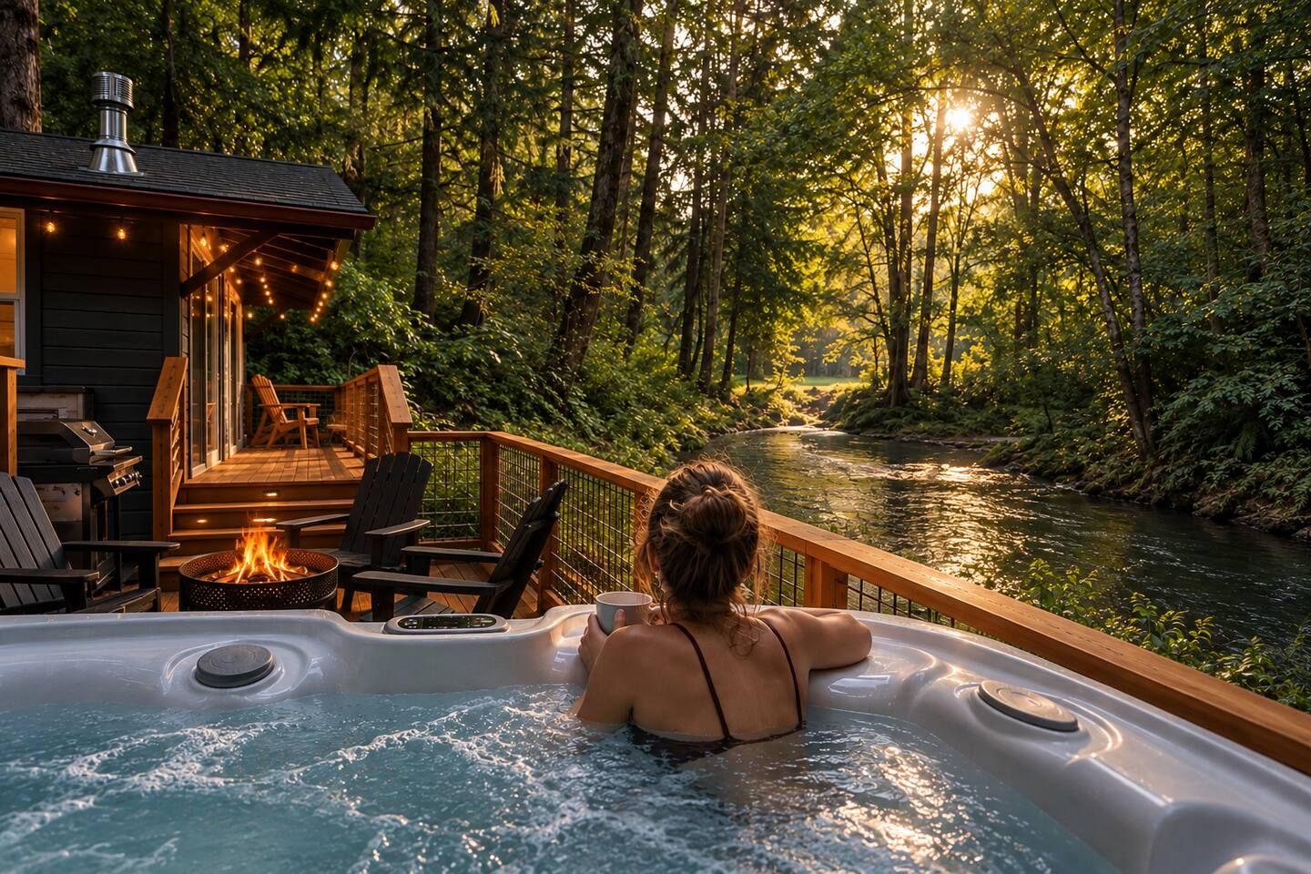 A hot tub with a view of a river and forest, a deck with chairs and a grill, and a cabin with string lights.