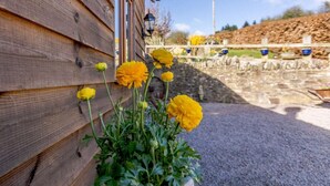 A wooden building with a flower box containing yellow flowers. - 1 Bed in Lydney (oc-43724) (Lydney)