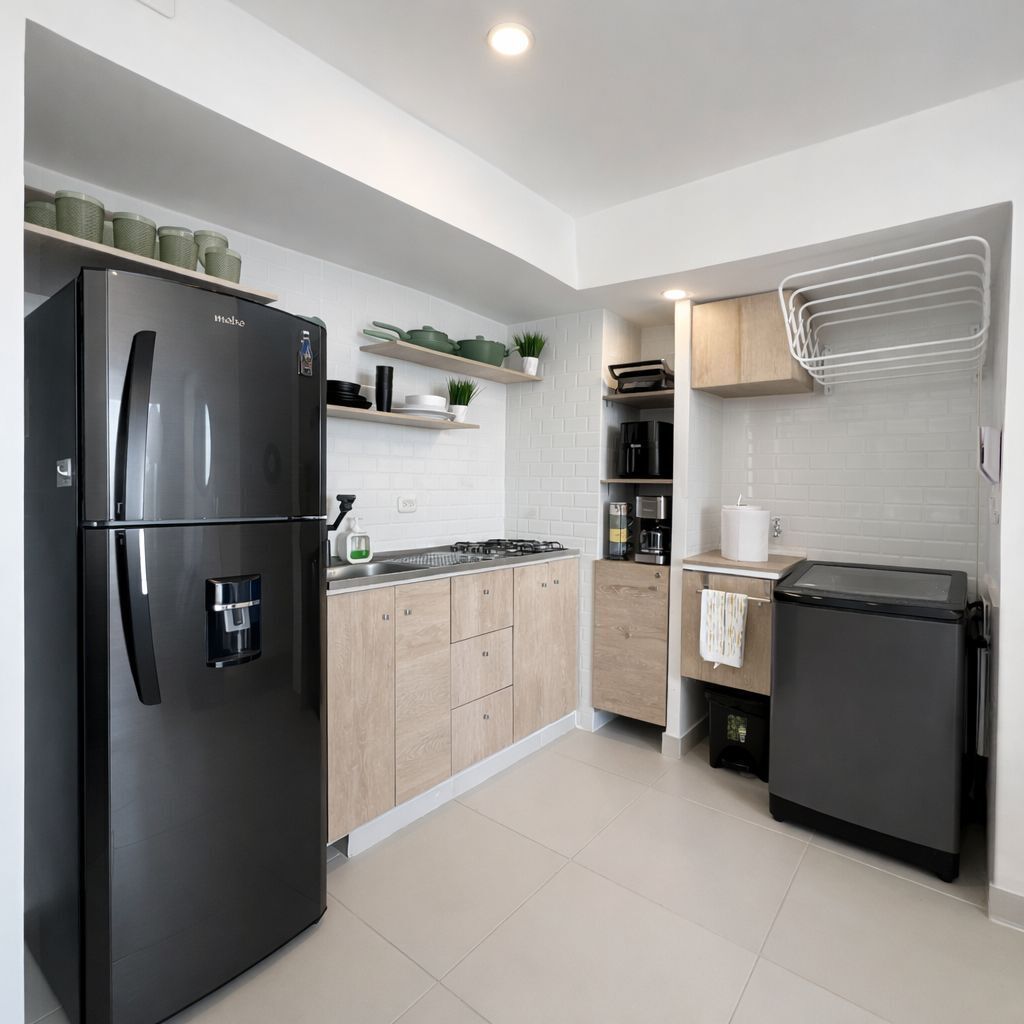 Réfrigérateur, micro-ondes, plaque de cuisson, cafetière/bouilloire