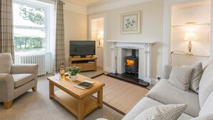 Una sala de estar con chimenea, televisión y asientos cómodos.