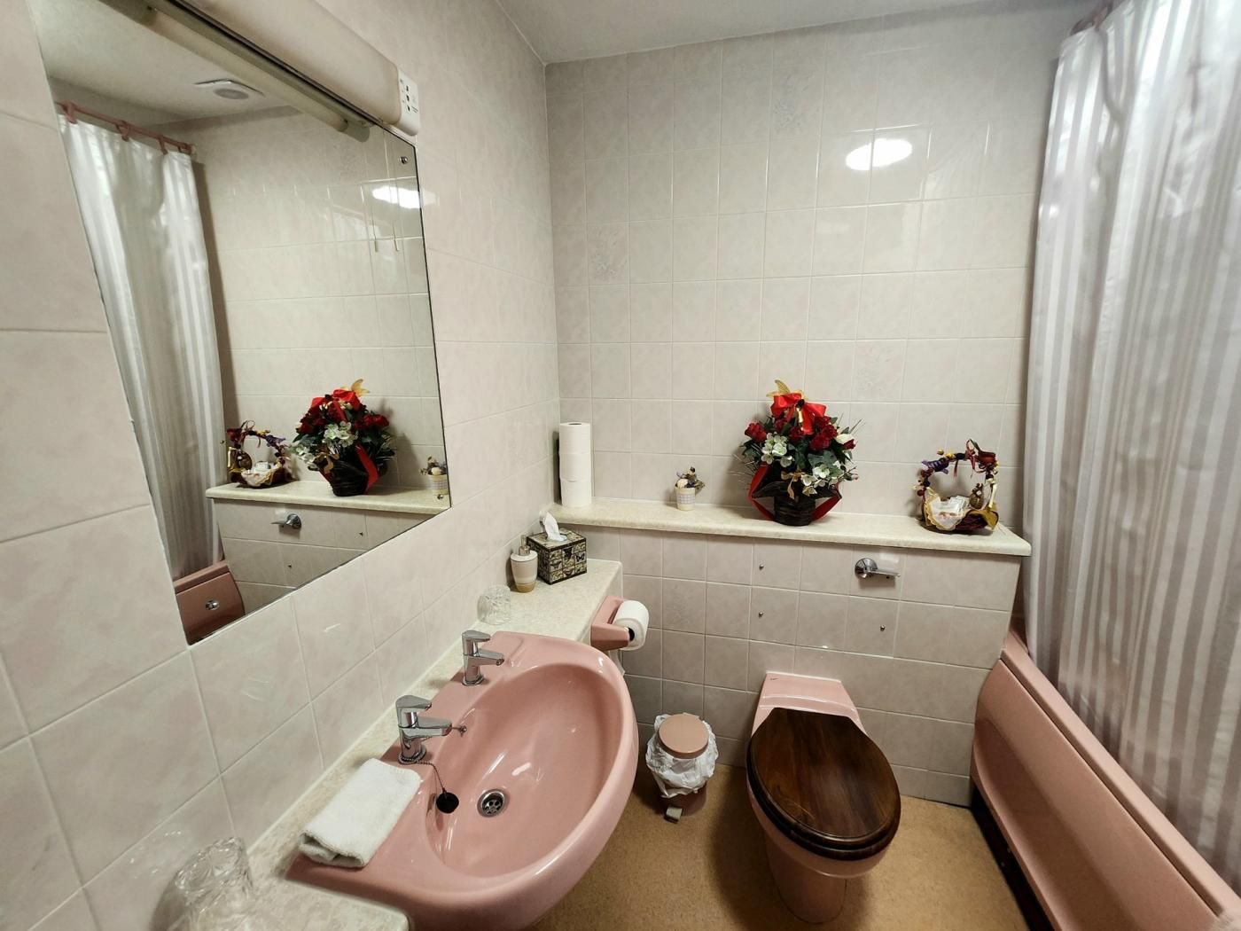 A bathroom with a pink sink, a toilet, and a shower area.