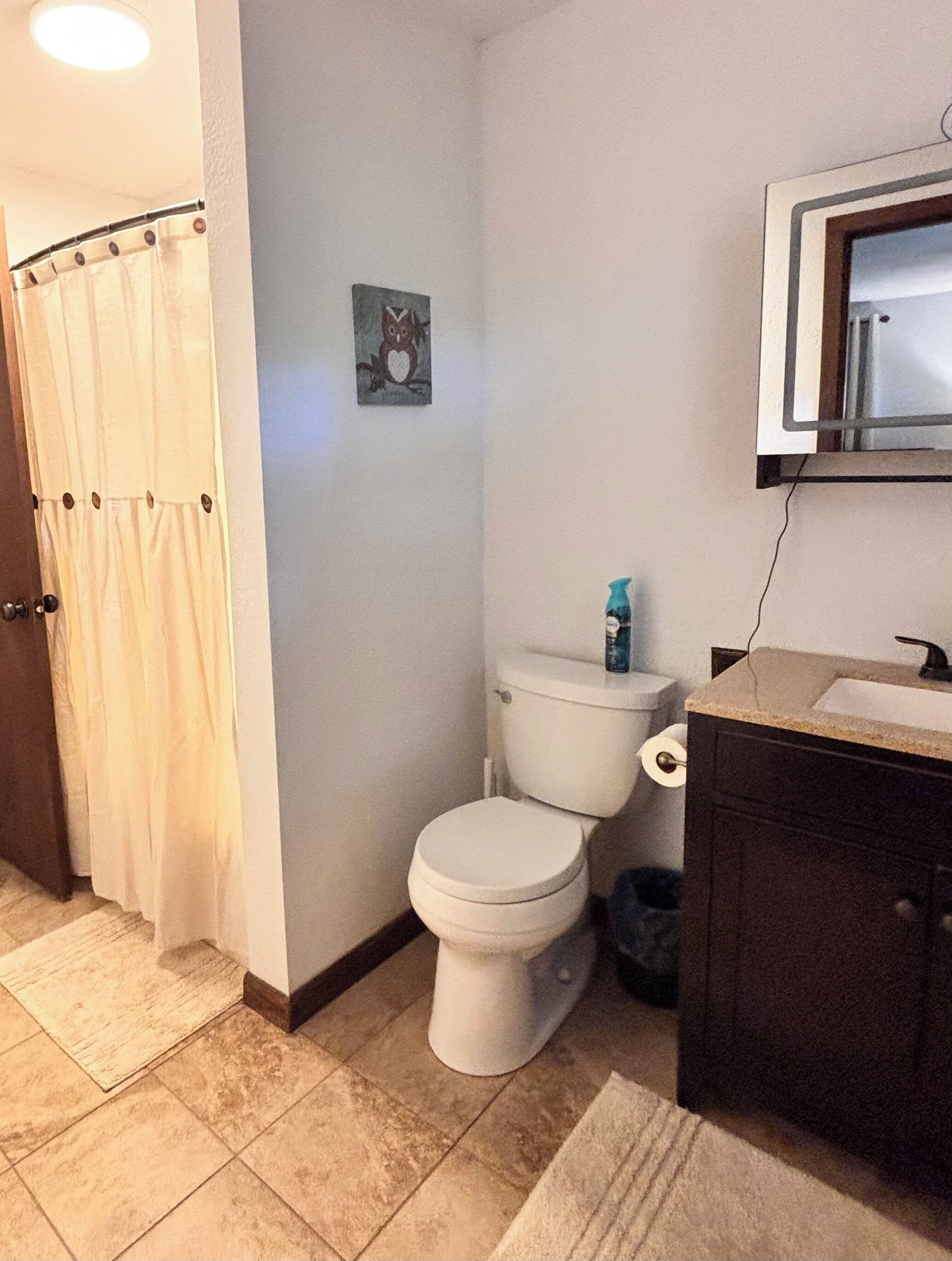 Ein Badezimmer mit Toilette, Waschbecken und einer Duschvorhang.