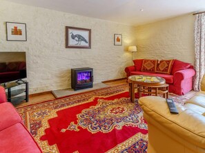 A living room with a fireplace, red sofa, and a patterned rug. - 3 Bed in Brecon (oc-bn065) (Crai)