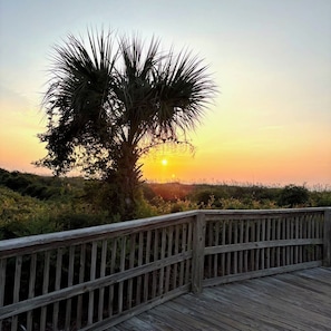 Eine Holzterrasse mit einer Palme im Hintergrund bei Sonnenuntergang.