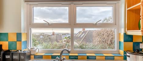 A kitchen with a window, a sink, and a countertop with labeled containers.