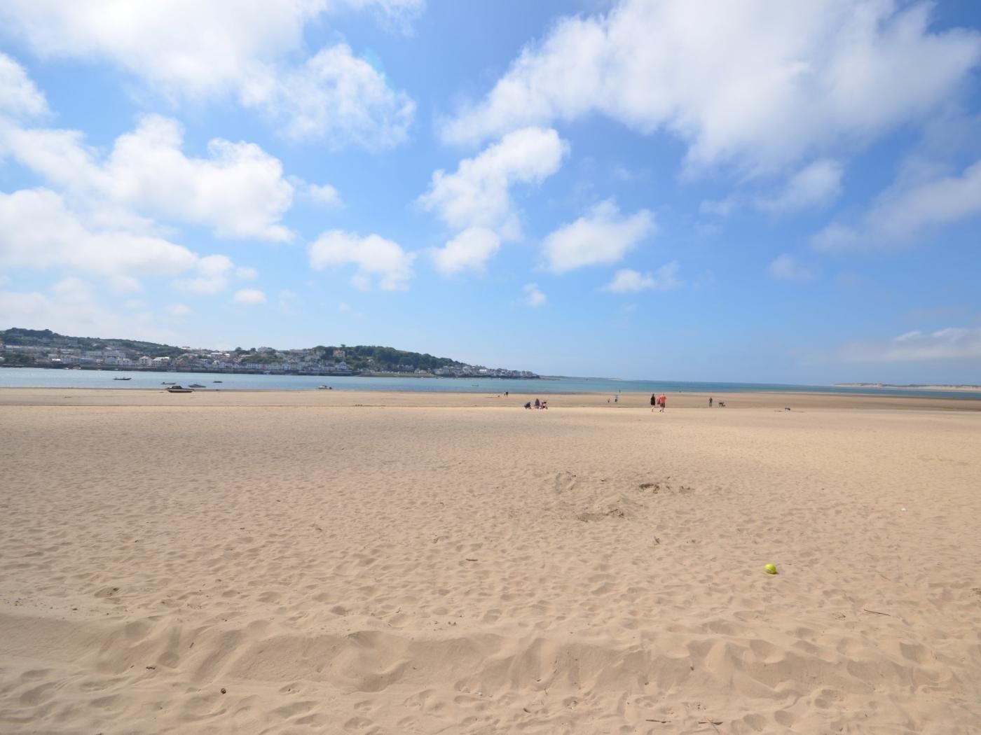 A wide sandy beach with a clear sky and distant buildings.