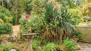 Un jardí amb diverses plantes, un abeurador de pedra i una tanca de fusta.