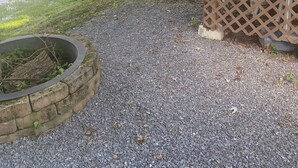 Un sendero de grava conduce a una terraza de madera junto a un lago, rodeado de árboles.