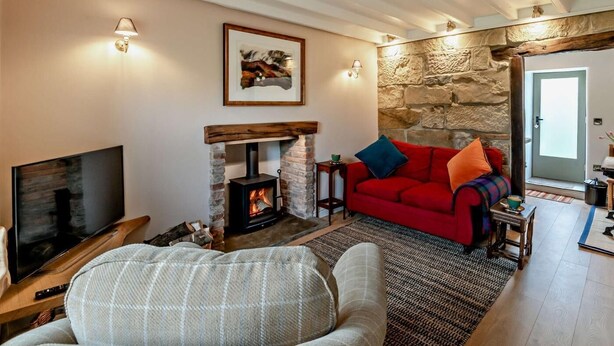 Ein gemütliches Wohnzimmer mit Kamin, Fernseher und einem roten Sofa.