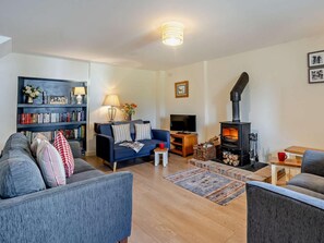 A modern living room with a fireplace, a sofa, a bookshelf, and a television.