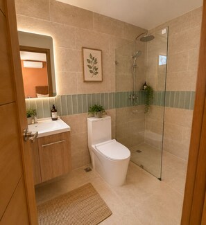 Dusche, Haartrockner, Handtücher, Seife
