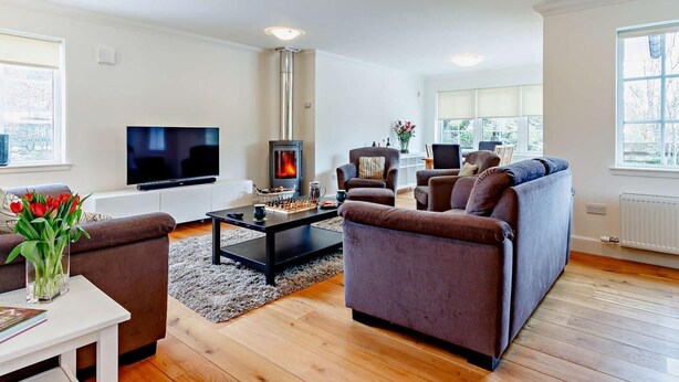 Una sala de estar moderna con chimenea, asientos cómodos, un televisor de pantalla plana y ventanas amplias.