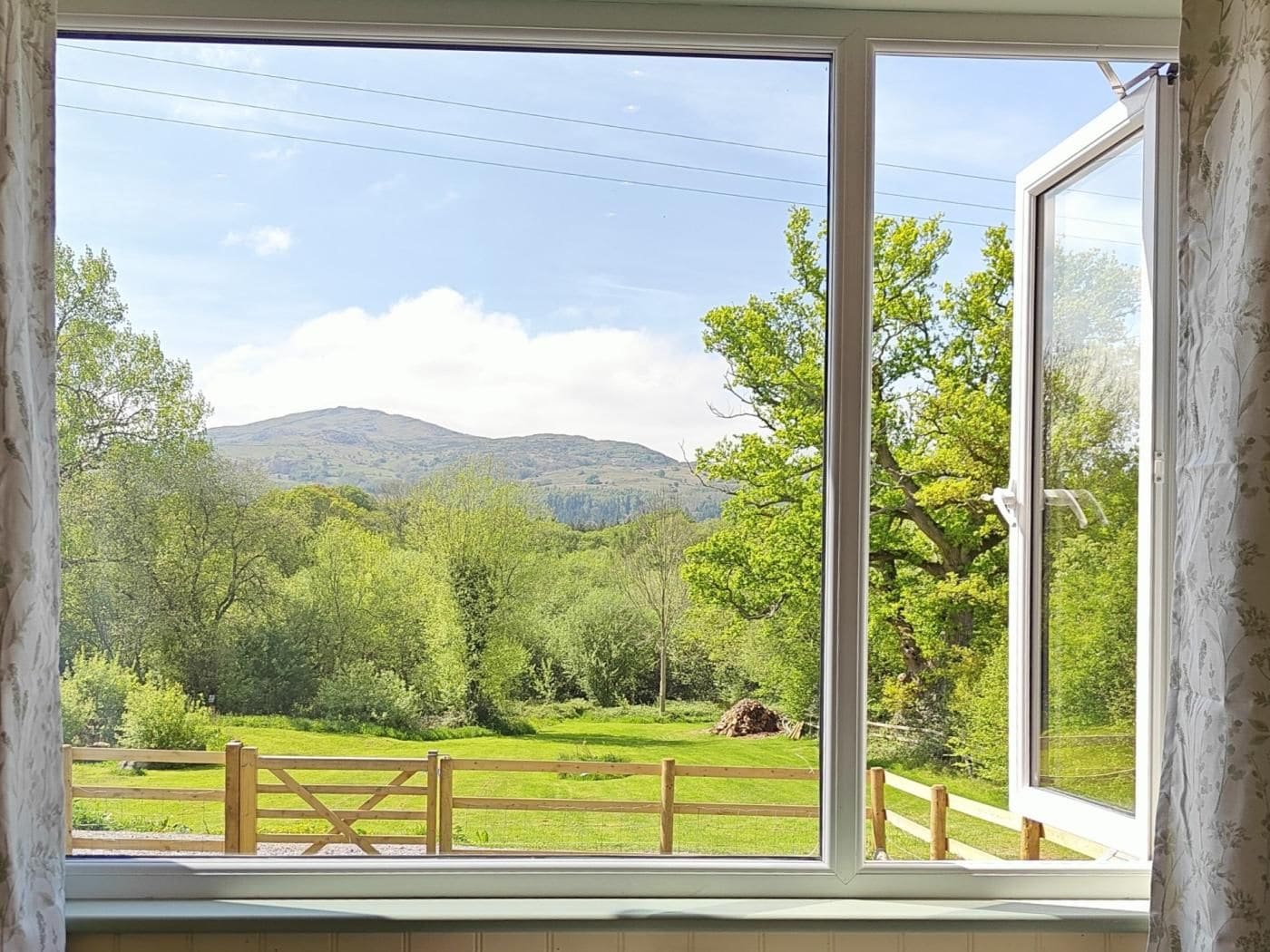 A room with a large window offering a view of a green landscape with trees and a mountain in the distance.