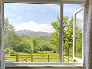 Habitació amb un gran finestral que ofereix vista a un paisatge verd amb arbres i una muntanya a la distància.