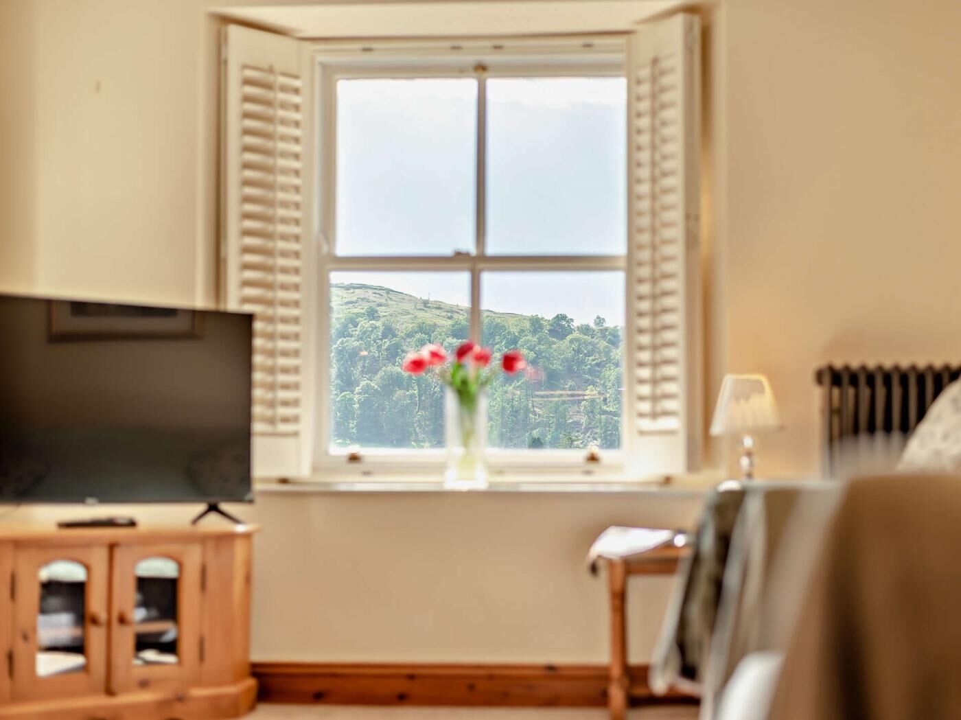 A room with a bay window, a wooden cabinet, a television, and a vase with flowers.