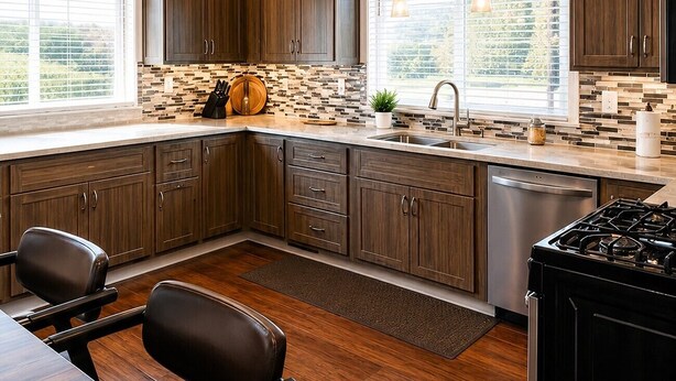 Una cocina moderna con armarios de madera oscura, salpicadero de azulejos, un lavamanos de acero inoxidable y una estufa a gas.