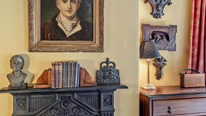 Una habitación con un retrato enmarcado, una estantería llena de libros, una chimenea decorativa y una lámpara.