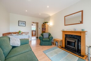 Ein Wohnzimmer mit einem grünen Sofa, einem Kamin, einem Bücherregal und einem Essbereich mit Tisch für zwei Personen.