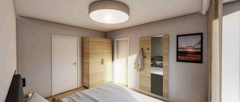 Un dormitorio moderno con cama, armario y un espejo grande.